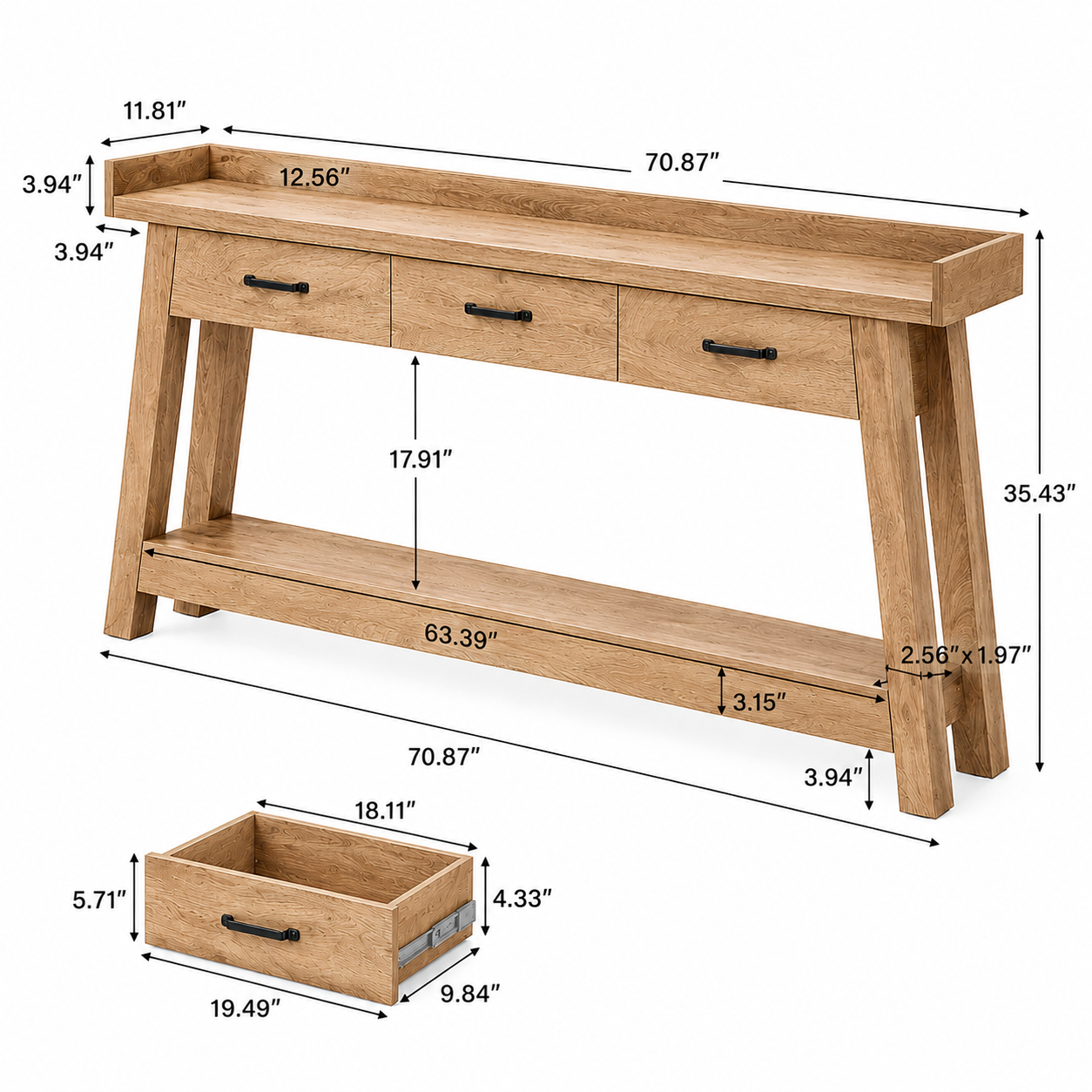 70.9" Farmhouse Console Table with 3 Drawers