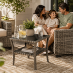 Outdoor Rattan Side Table with Tempered Glass Top