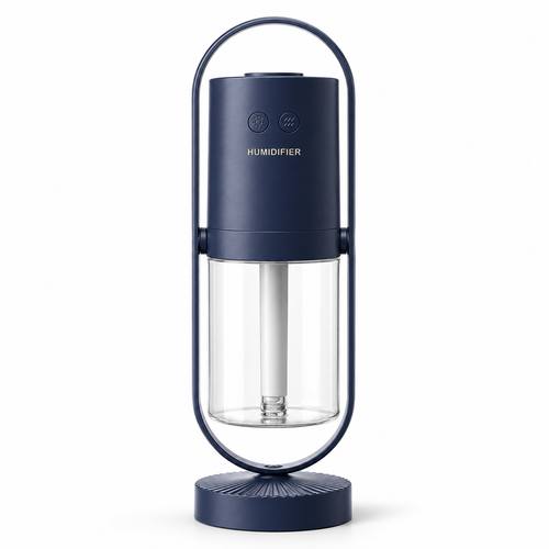Navy blue humidifier with clear water tank on a white background