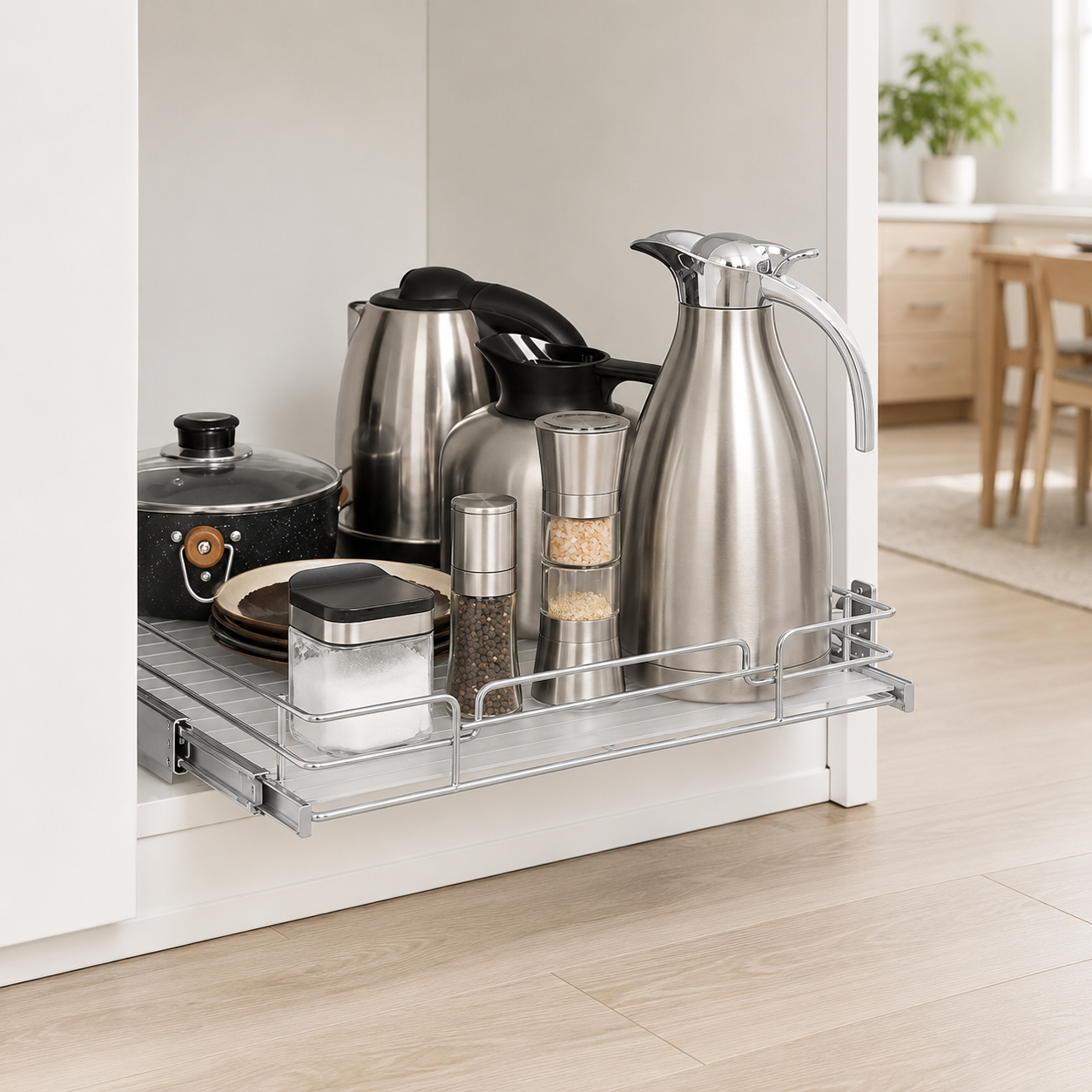 A stainless steel under-cabinet pull-out organizer shelf holding kitchen items, shown installed inside a white kitchen cabinet in a bright home kitchen. Heavy-Duty Pull-Out Cabinet Organizer. Vitly Hub