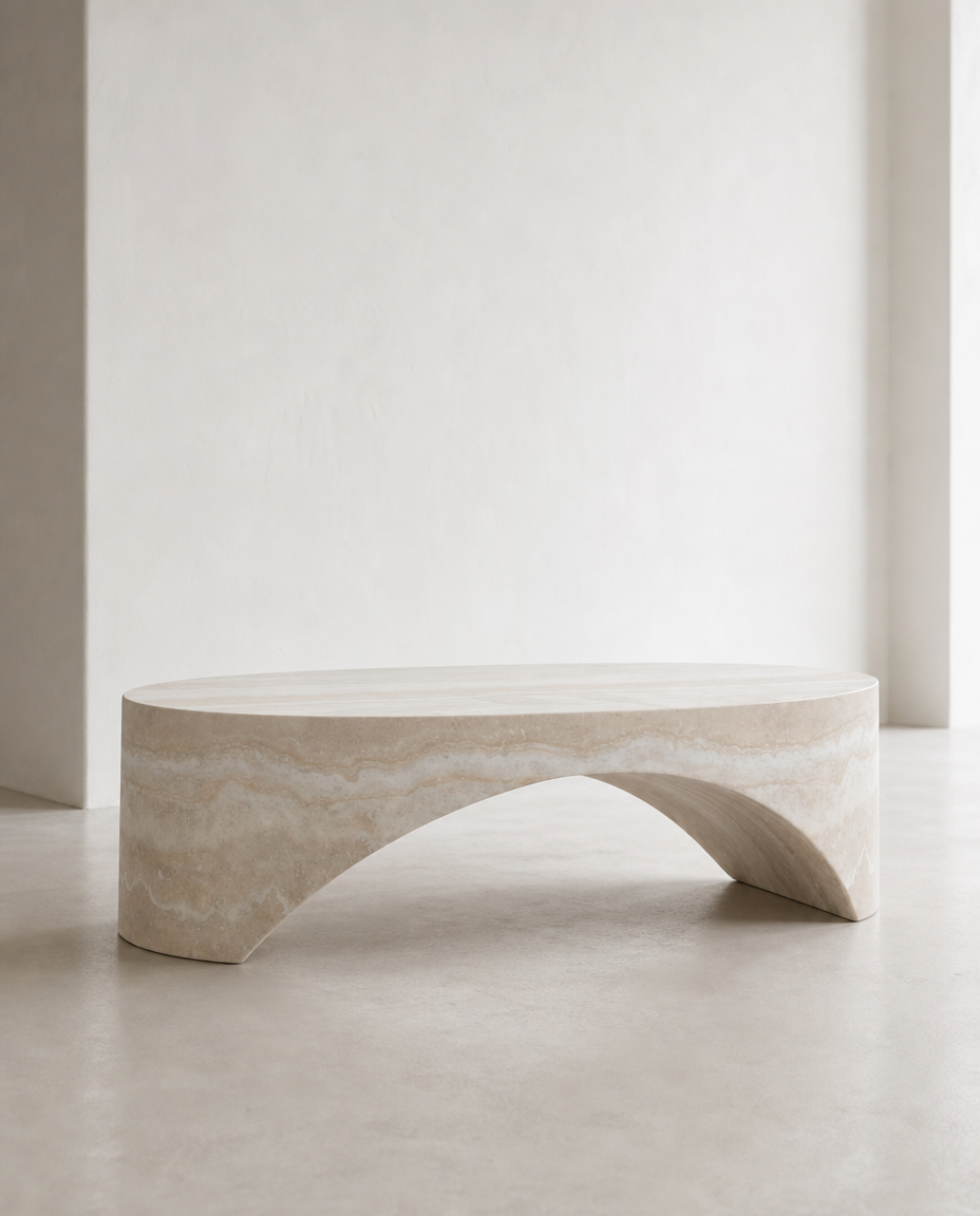 A modern curved stone bench in a light beige travertine or marble finish, set against a minimalist off-white wall and concrete floor.