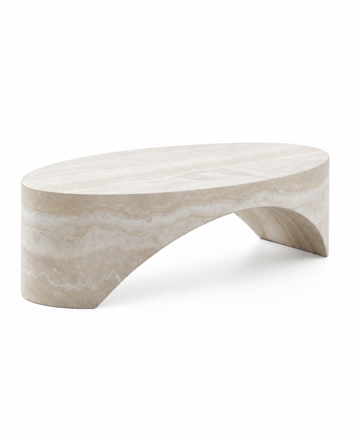 A modern curved coffee table made of light beige travertine stone with natural white veining, shown on a clean white background.