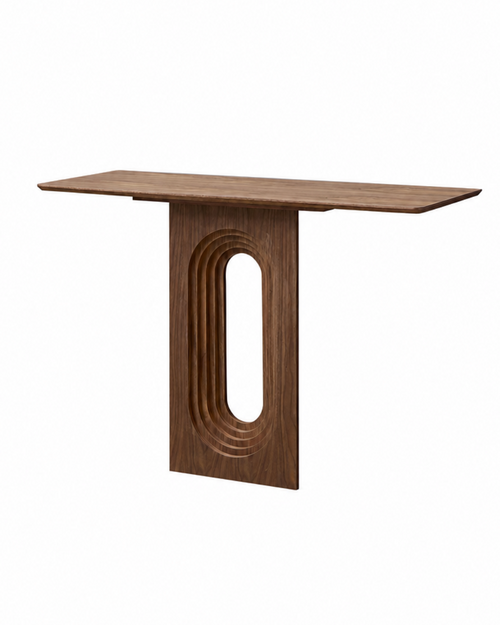 A modern wooden console table featuring a rectangular top and a sculptural pedestal base with concentric arches and an oval cutout, shown on a solid white background.