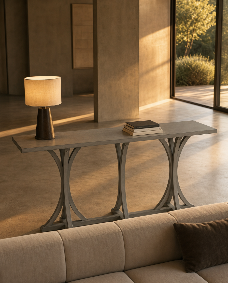 A modern console table with a gray stone-look top and sculptural curved metal legs, styled in a minimalist living room with a lit table lamp and books on top.