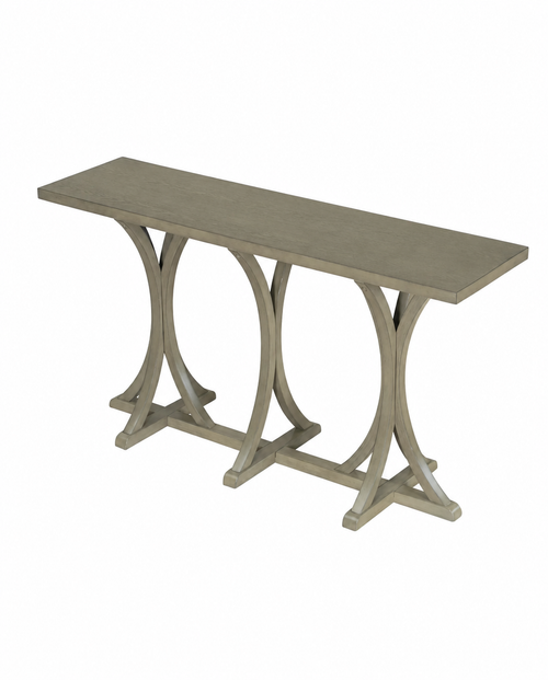 A console table with a rectangular gray wood-look top and a sculptural base featuring interlocking curved legs and cross supports in a matching gray finish, shown on a plain white background.