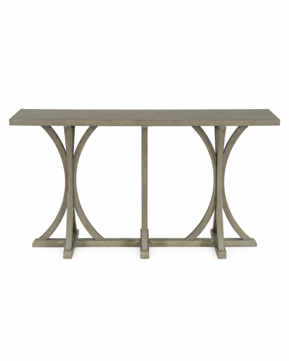 A rectangular console table with a weathered gray wood top and a matching metal frame featuring three elegant curved support legs, shown against a plain white background.