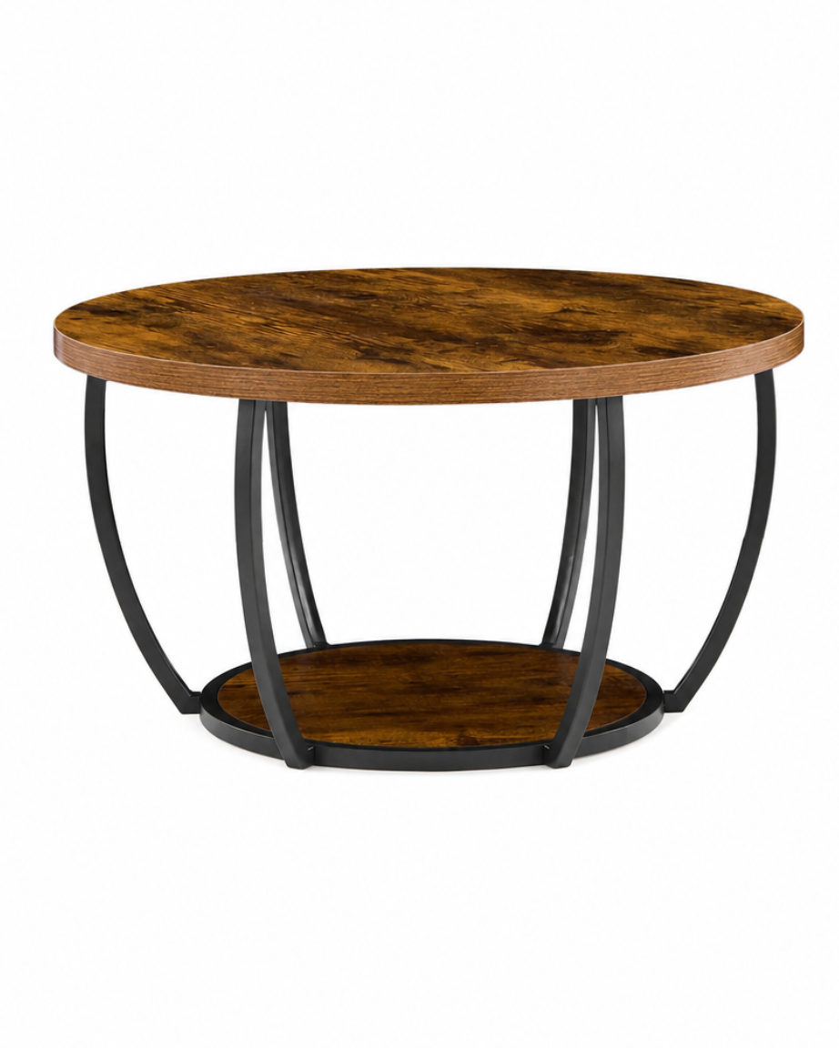 Round coffee table with a medium brown wood-grain top and a black metal frame with a lower shelf, shown on a white background.