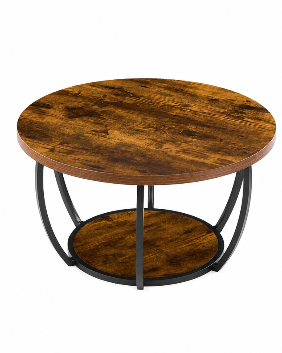 Round coffee table with a distressed brown wood-grain top and a black metal frame with a lower shelf, shown on a plain white background.