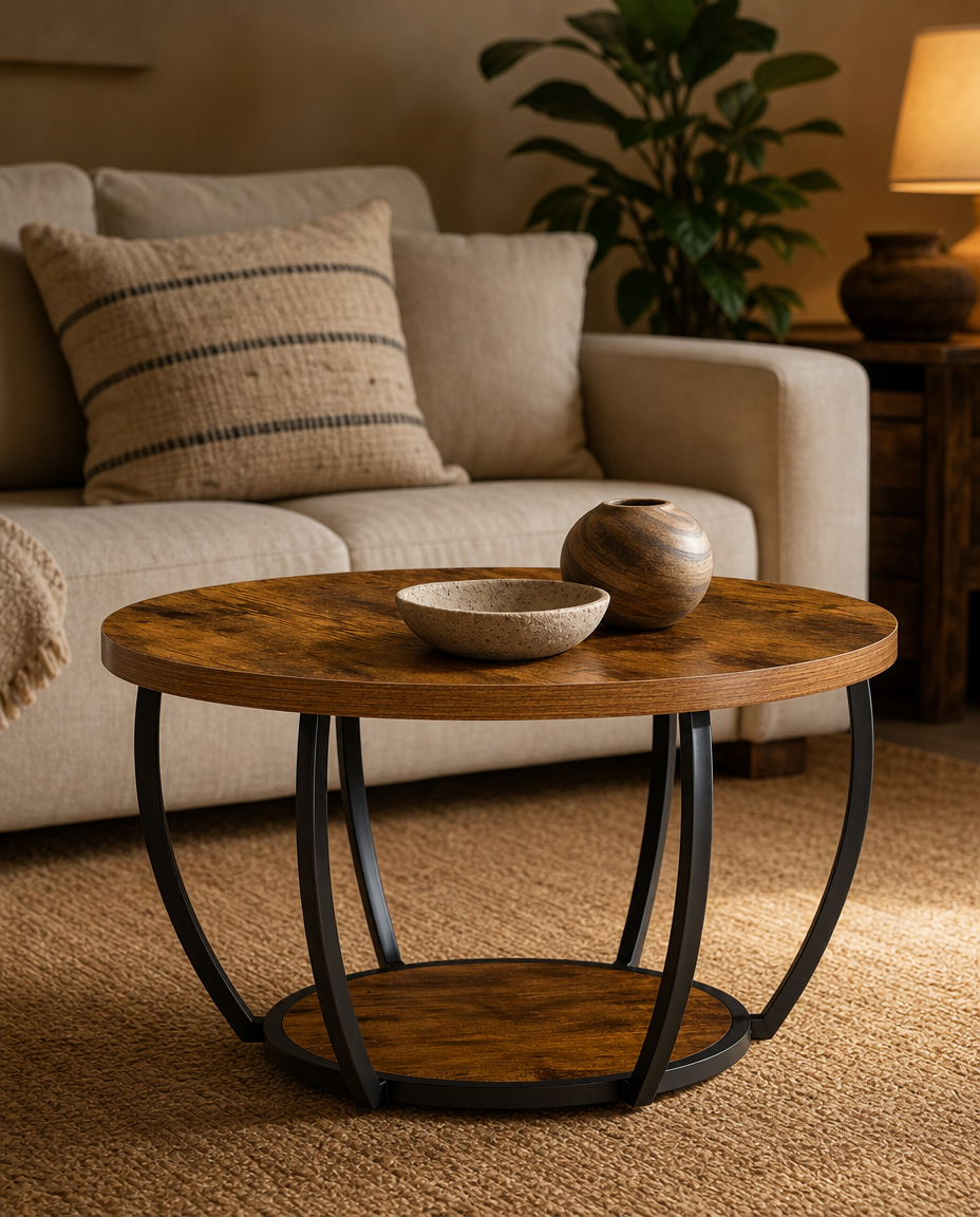 Round wooden coffee table with a dark metal circular frame and lower shelf, styled in a living room setting with a sofa, throw pillow, and plant in the background.