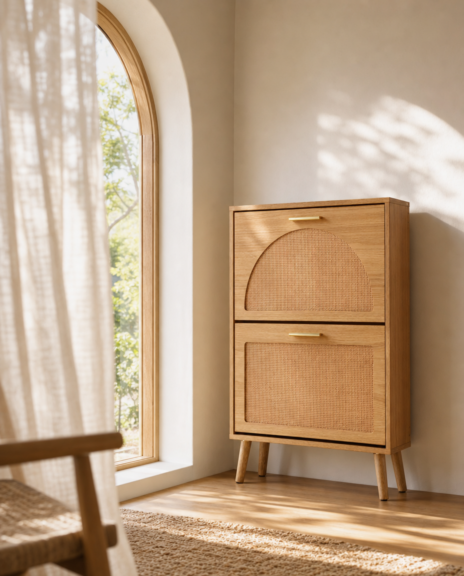 A light natural wood two-drawer cabinet with woven cane panels on the front and slim gold-tone handles, styled in a sunlit room next to an arched window.