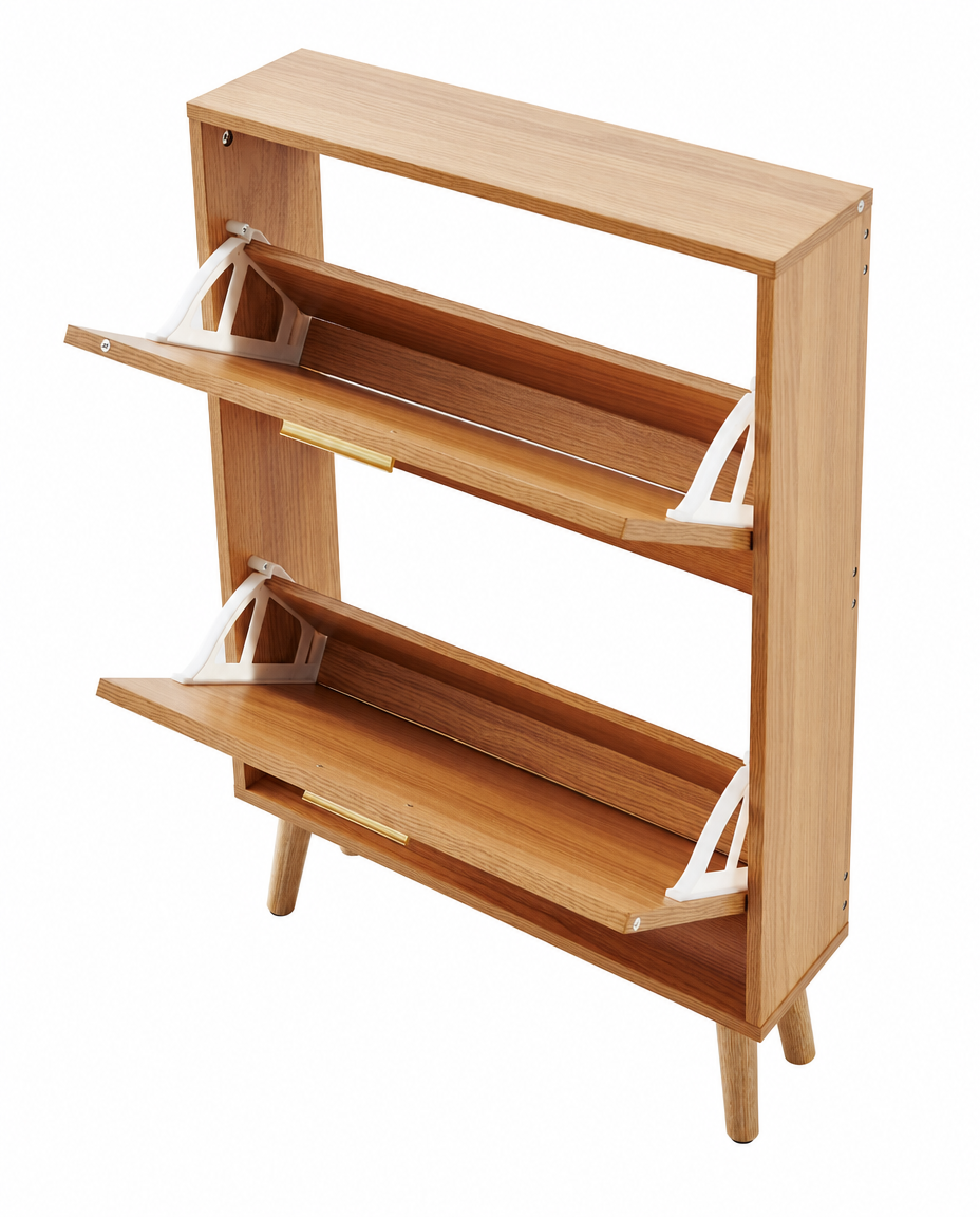A mid-century modern wooden shoe rack with a warm honey finish, featuring two open shelves supported by angled white plastic brackets and tapered wooden legs.