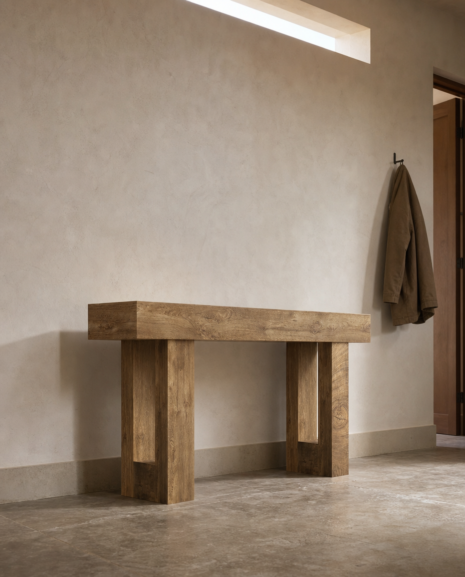 A rustic wooden console table with thick block legs, set against a textured beige plaster wall in a minimalist interior.