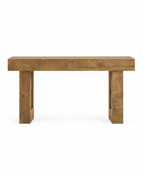 A rustic wooden bench with a thick rectangular seat and two thick block-style legs, shown against a plain white background.