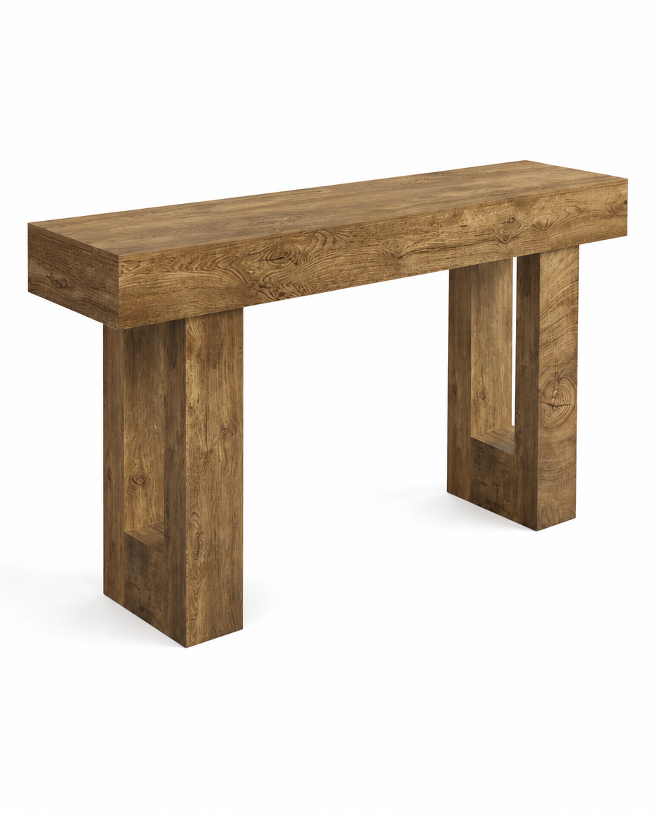 A rustic wooden console table with a thick rectangular bench top and two blocky legs, shown on a plain white background.