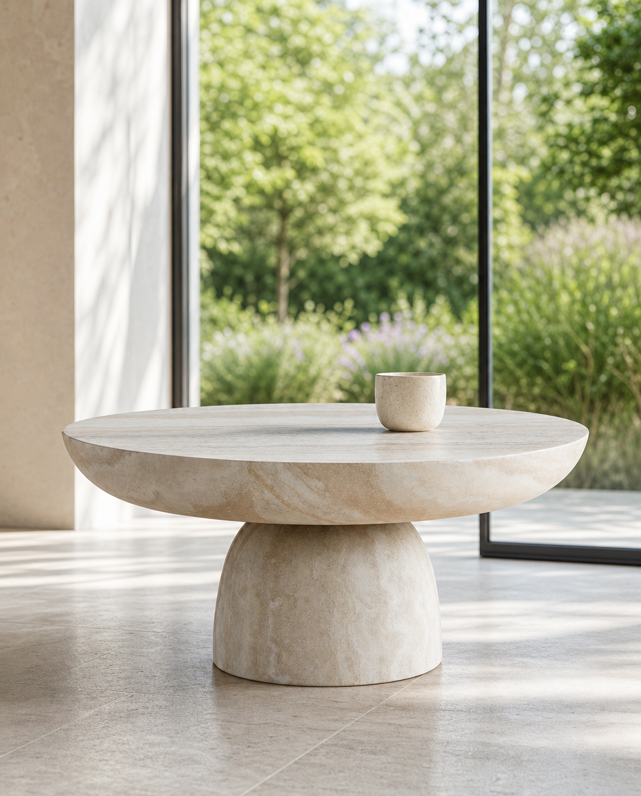 A round stone coffee table with a thick pedestal base, shown in a modern interior with large windows overlooking greenery. A small matching stone cup sits on the table.