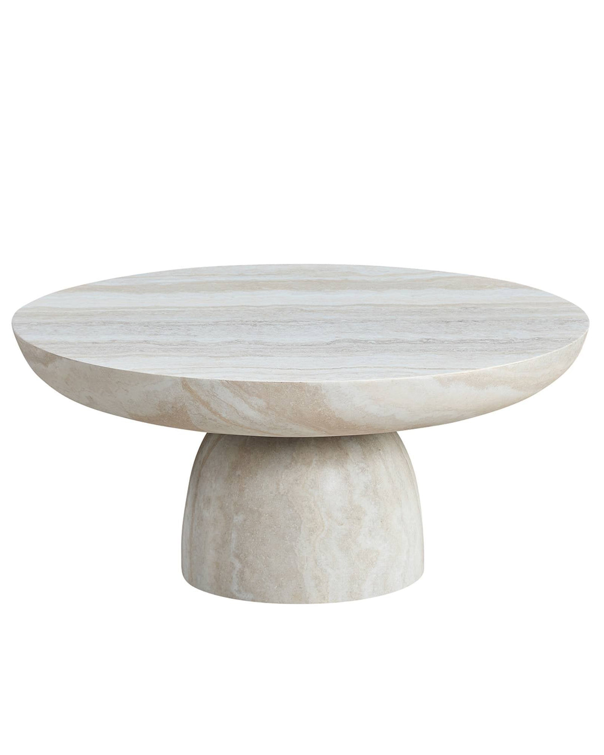 Marble coffee table with a round top and cylindrical base on a white background