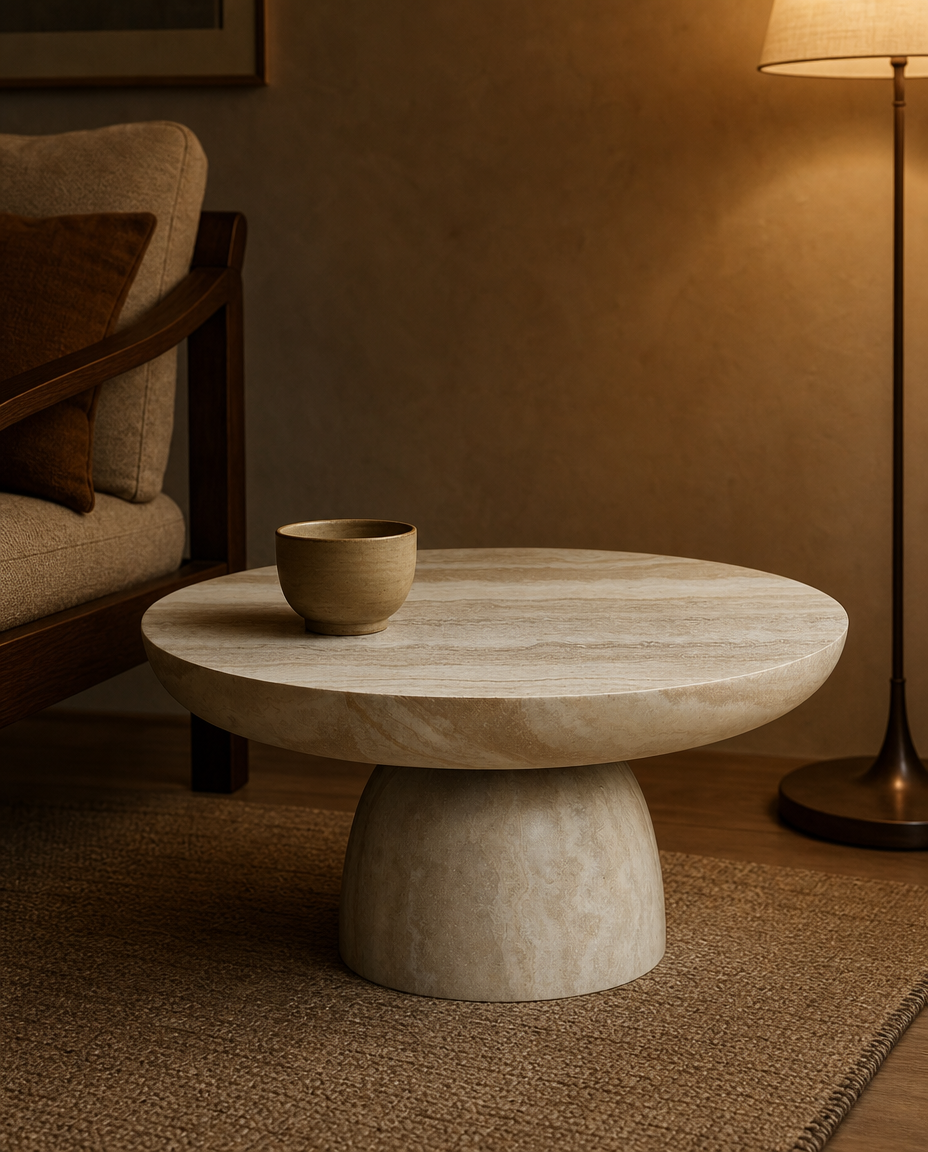 A round stone coffee table with a sculptural pedestal base, styled in a warm, modern living room next to a wooden armchair and a floor lamp.