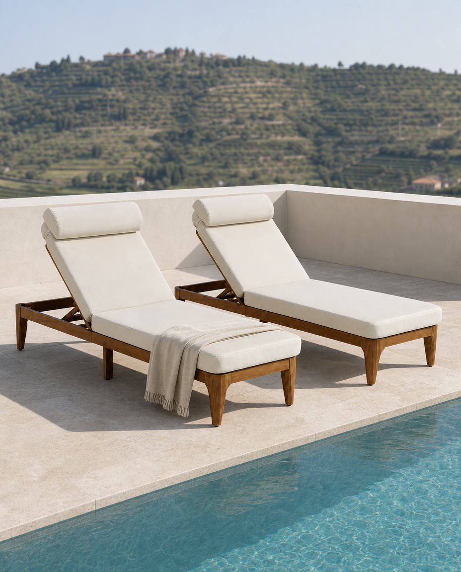 Two outdoor chaise lounge chairs with cream cushions and brown wooden frames sit beside a swimming pool on a terrace, with a mountain landscape in the background.