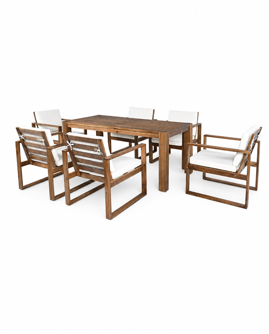 A 7-piece outdoor dining set featuring a rectangular wooden table and six matching armchairs with white cushions, shown against a solid white background.