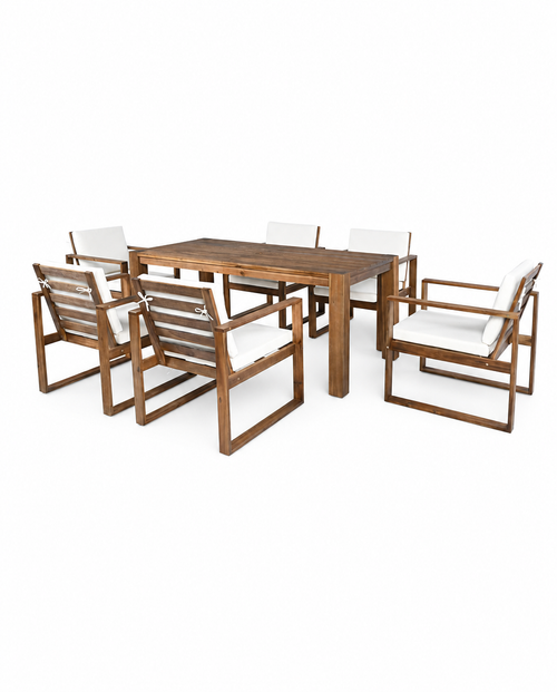 A 7-piece outdoor dining set featuring a rectangular wooden table and six matching armchairs with white cushions, shown against a solid white background.