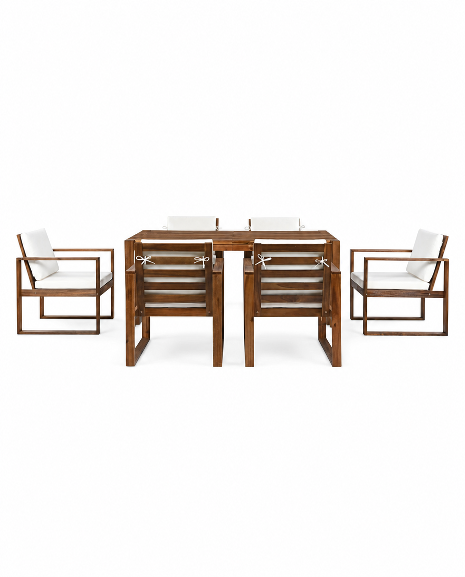 A 5-piece outdoor dining set featuring a rectangular wooden table and four matching armchairs with white cushions, set against a solid white background.