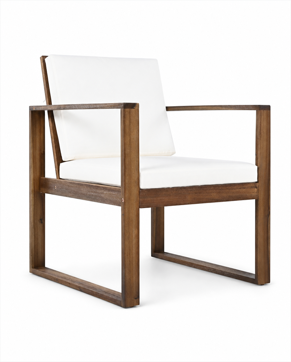 A modern outdoor armchair with a dark brown wooden frame and white cushions on the seat and backrest, shown against a plain white background.