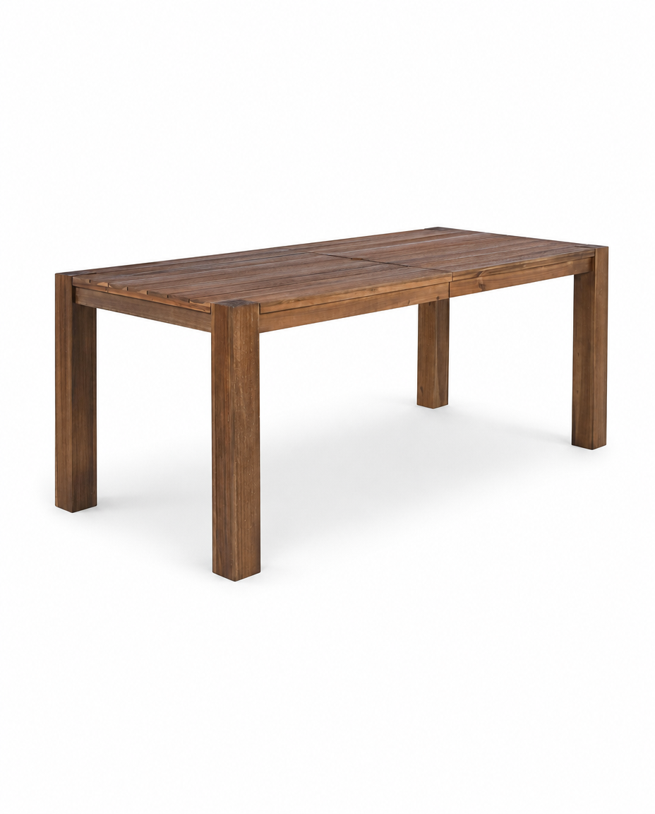 A rectangular wooden dining table with a warm medium-brown finish, featuring a slatted top and four sturdy block legs, shown on a clean white background.