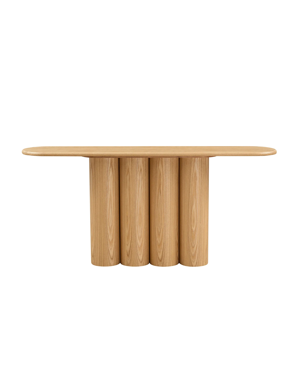 A modern wooden console table with a rounded rectangular top and four cylindrical pedestal legs, shown on a plain white background.