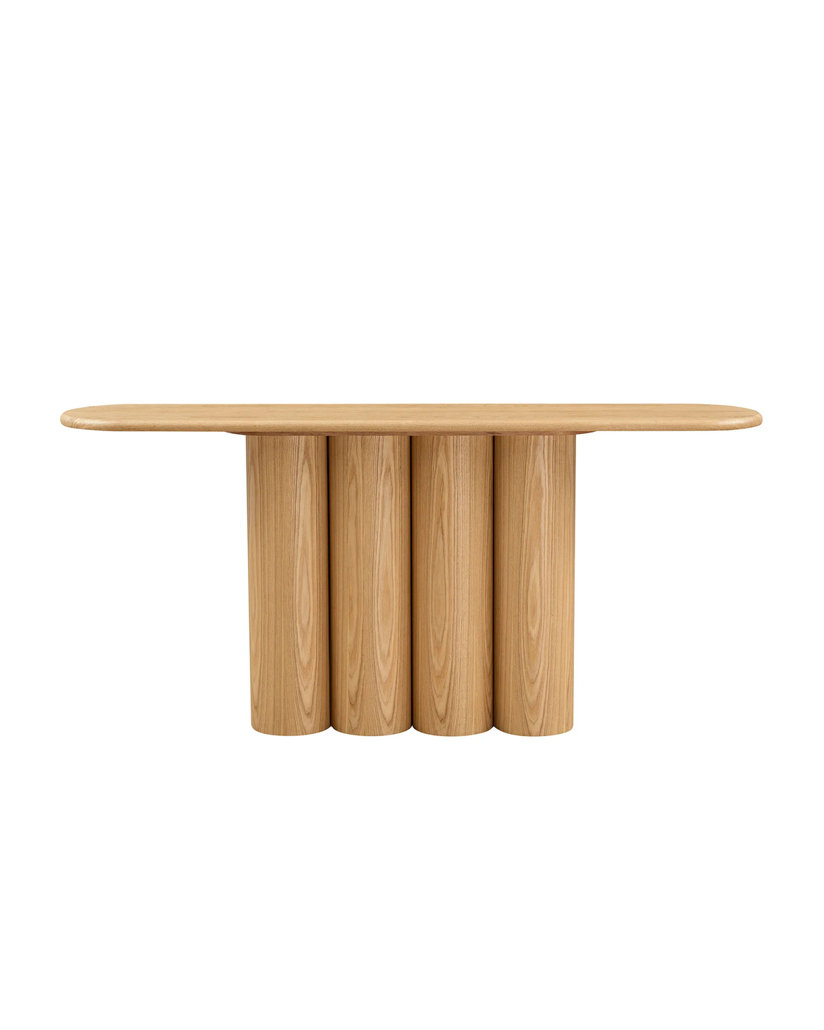 A modern wooden console table with a rounded rectangular top and four cylindrical pedestal legs, shown on a plain white background.