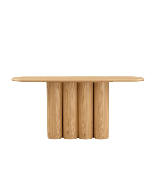A modern wooden console table with a rounded rectangular top and four cylindrical pedestal legs, shown on a plain white background.