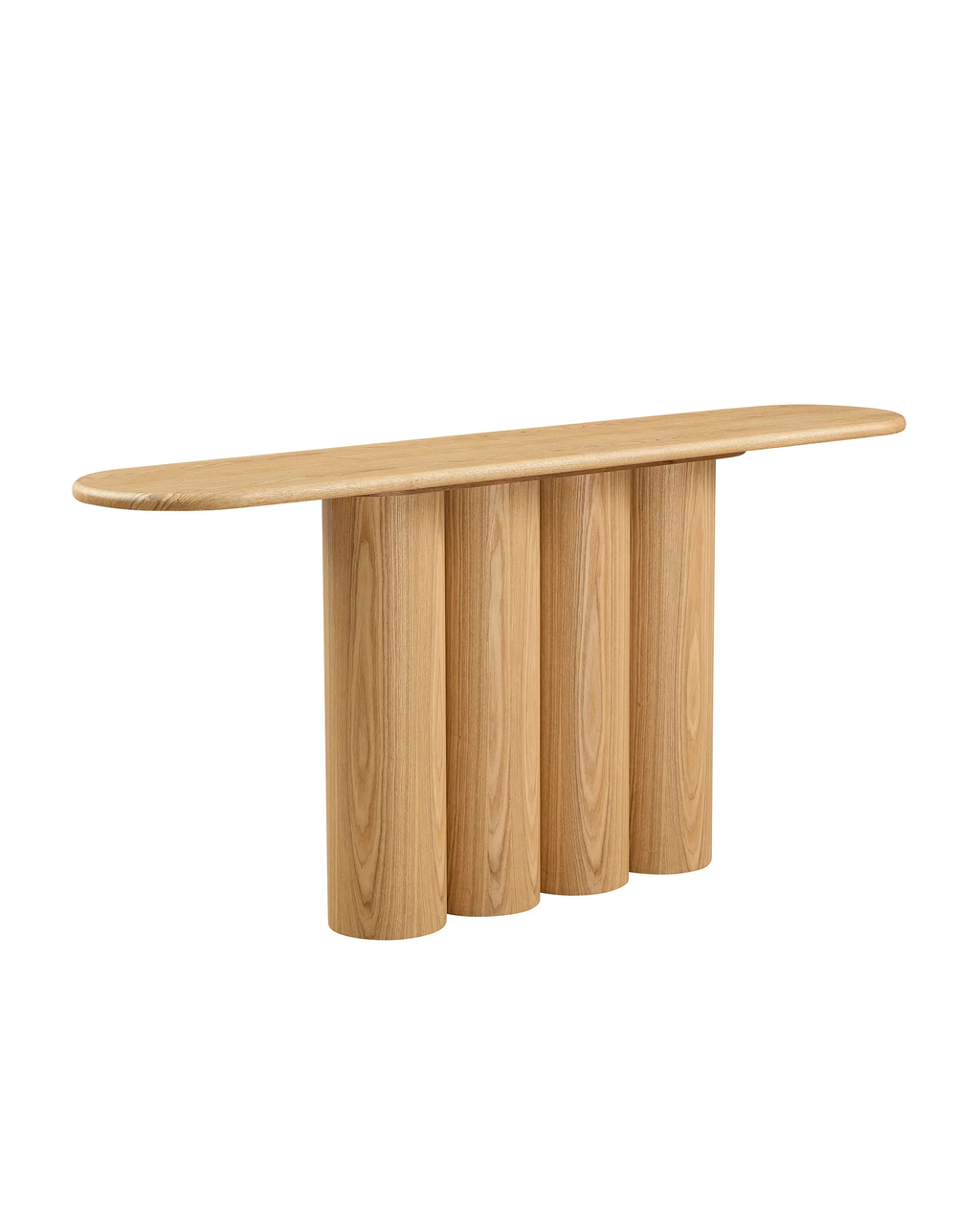 A modern console table with a light oak wood finish, featuring a rounded rectangular top supported by four cylindrical column legs, shown on a plain white background.