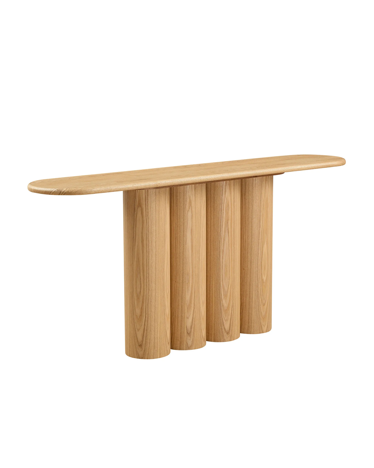 A modern console table with a light oak wood finish, featuring a rounded rectangular top supported by four cylindrical column legs, shown on a plain white background.
