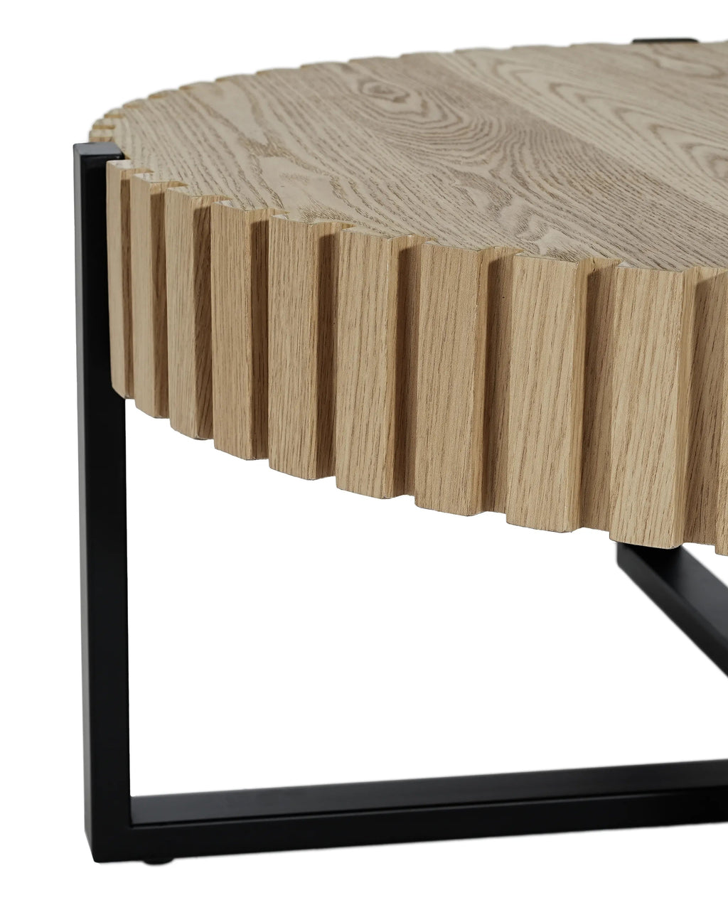 Wooden coffee table with a black metal frame on a white background