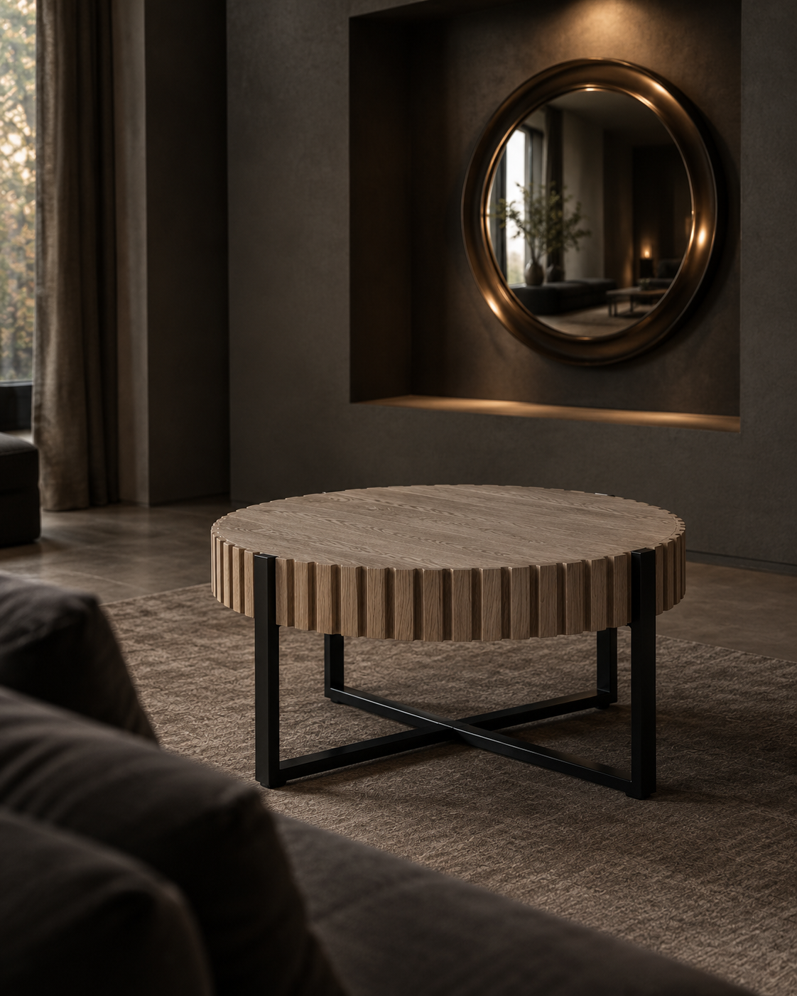 A round coffee table with a light natural wood top and a fluted, vertically slatted edge, supported by a black metal frame, set in a modern, dimly lit living room.