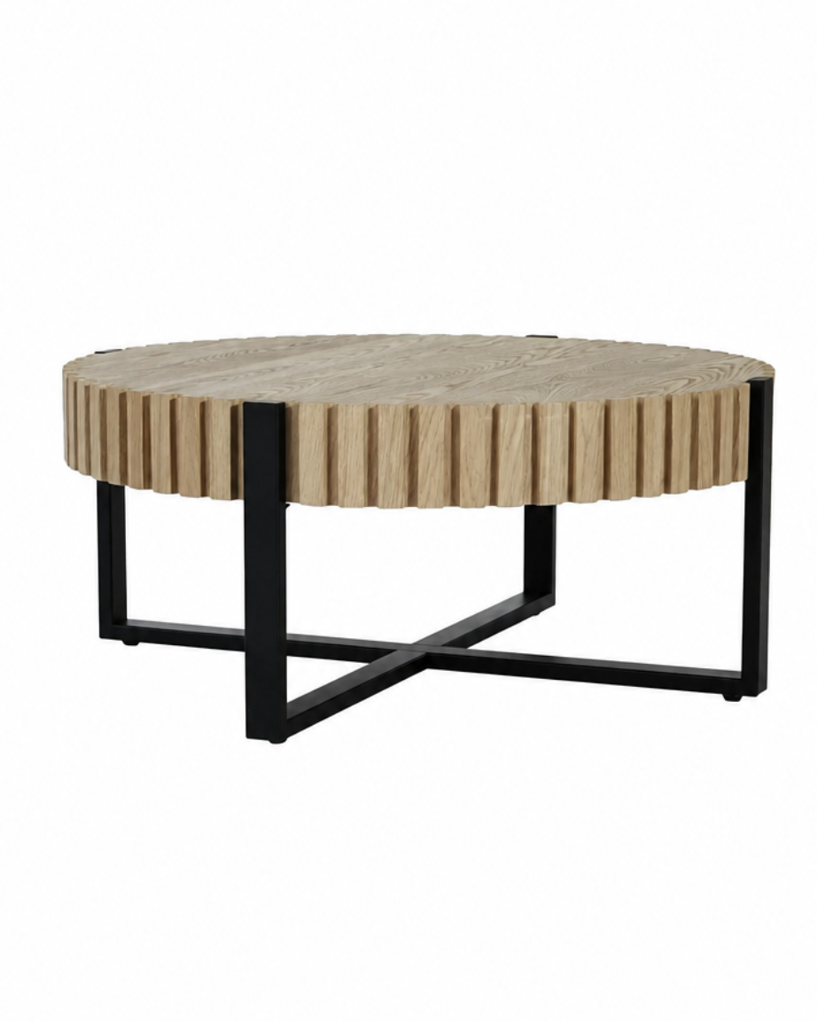 A round coffee table with a light natural wood fluted top and a black metal frame base, shown against a plain white background.