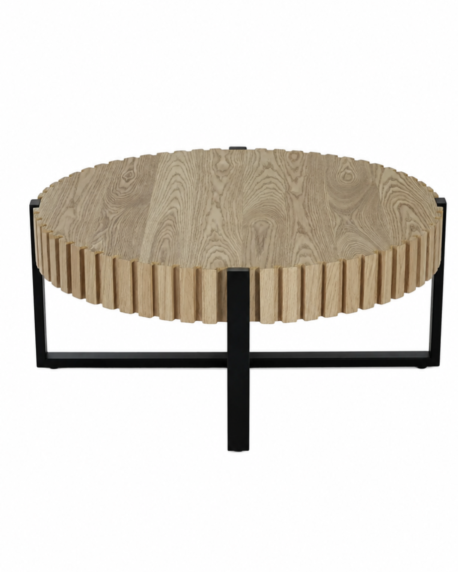 A round coffee table with a light oak wood fluted top and a black metal frame base, shown against a plain white background.