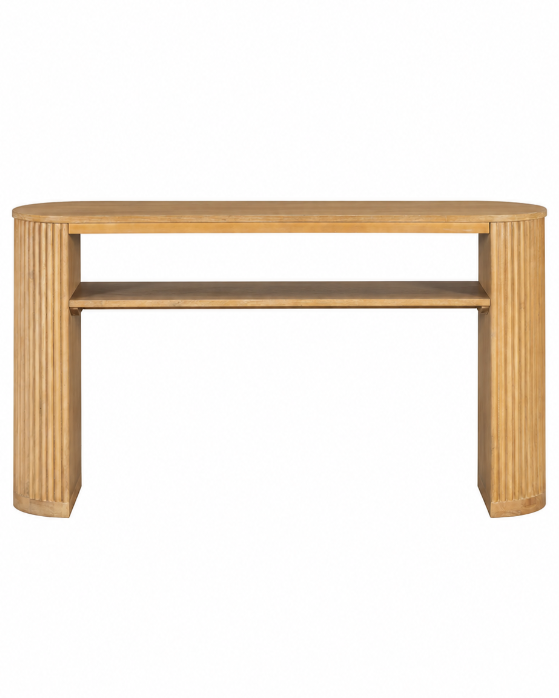 A light natural wood console table with fluted legs and a single open shelf, shown against a plain white background.
