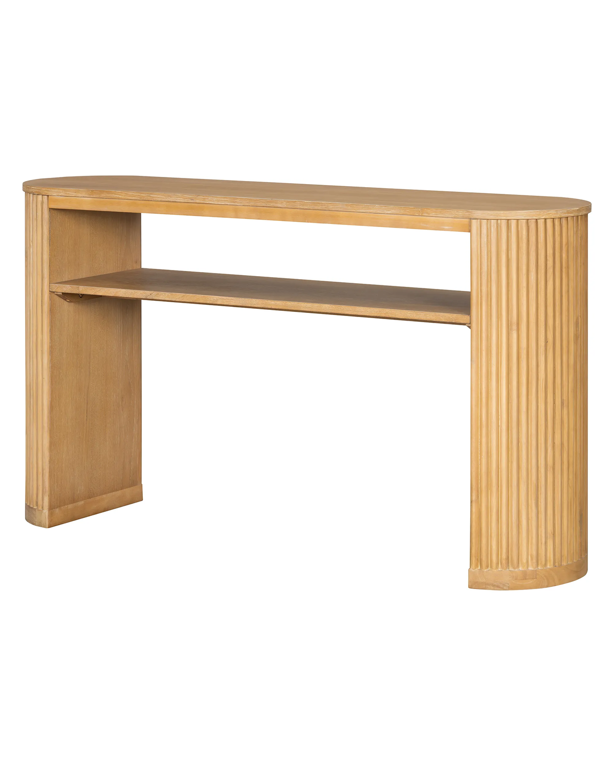 A light natural wood console table with a curved top, a single open shelf, and fluted legs, shown against a plain white background.