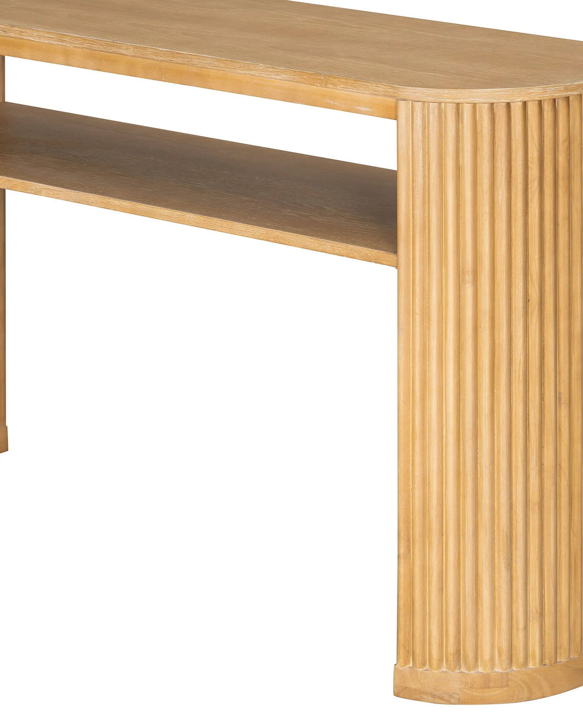 Wooden console table with a ribbed design on a white background
