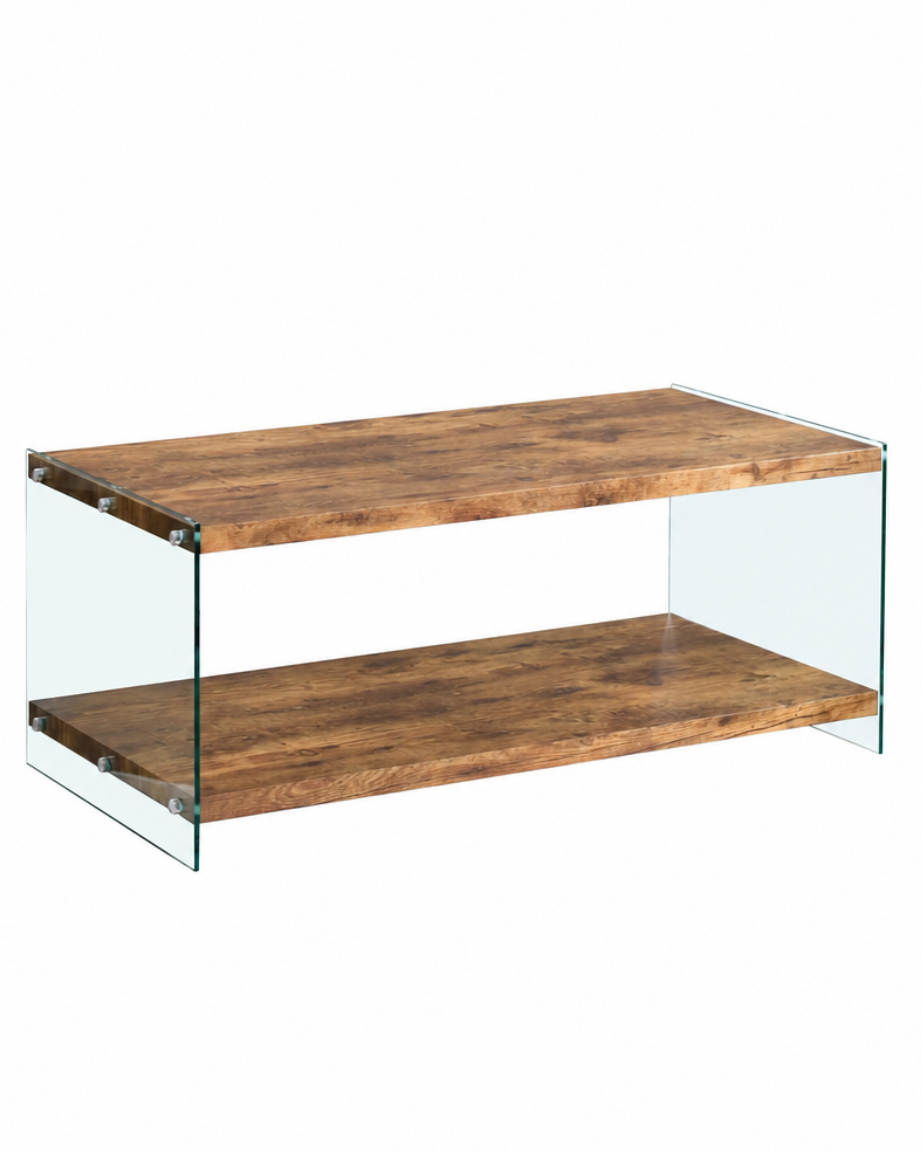 A modern two-tier media console featuring natural wood grain shelves supported by clear glass side panels, shown against a plain white background.