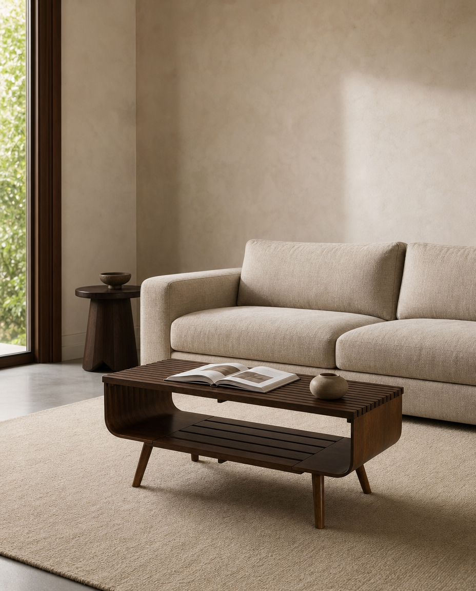 A mid-century modern wooden coffee table with a lower shelf, styled in a minimalist living room next to a beige sofa and textured wall.