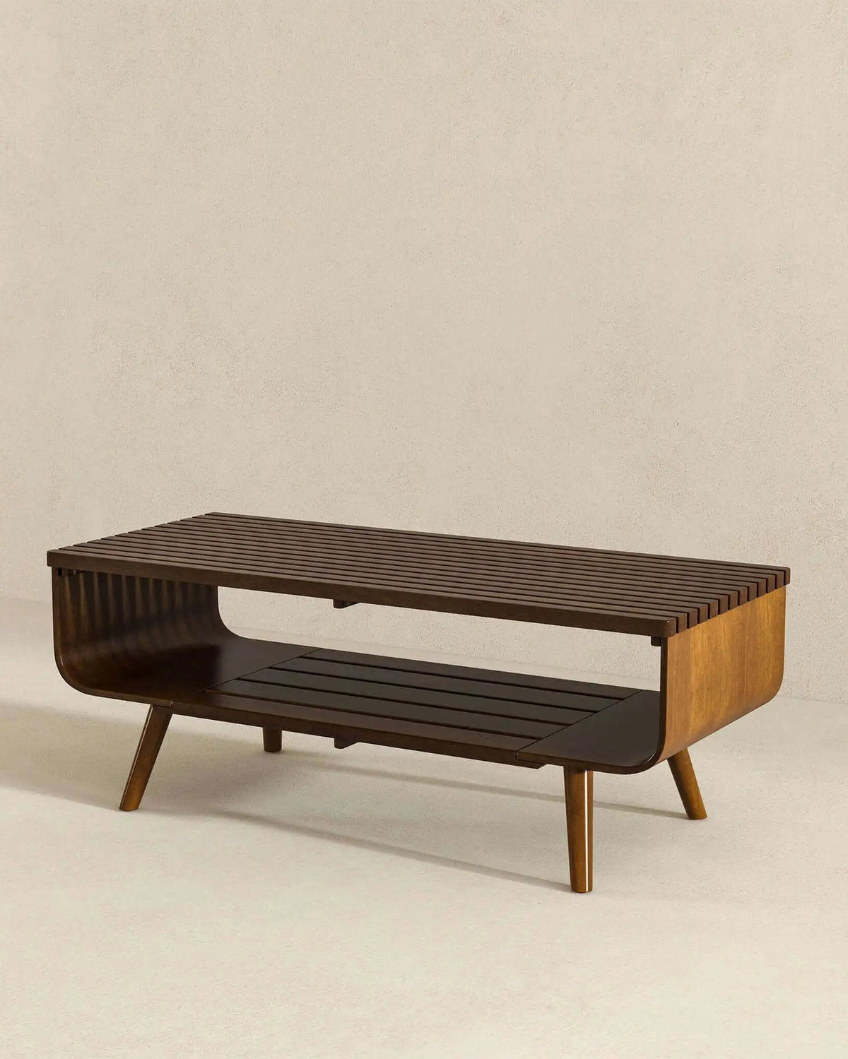 Wooden coffee table with a slatted design on a beige background