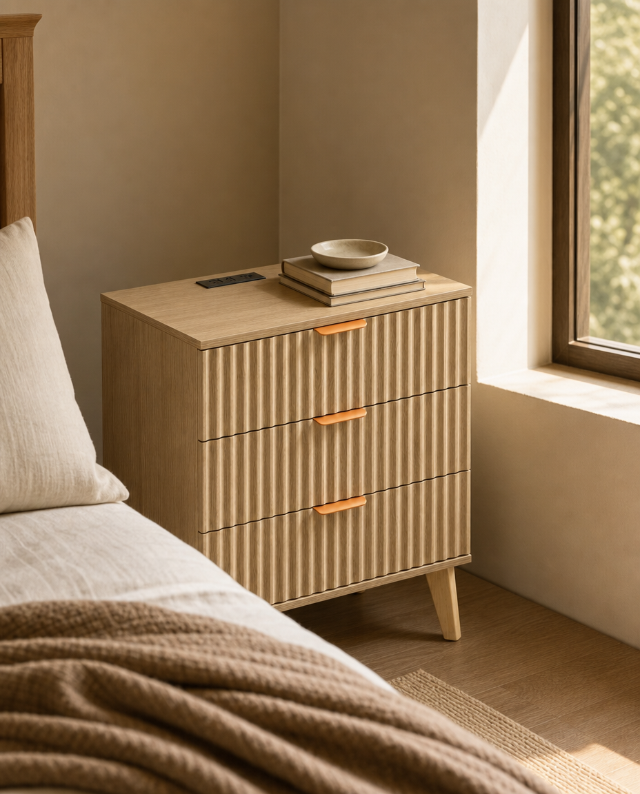 A three-drawer wooden nightstand with vertically ribbed drawer fronts and small orange pull handles, shown beside a bed in a softly lit bedroom. The top holds a stack of books and a small bowl.