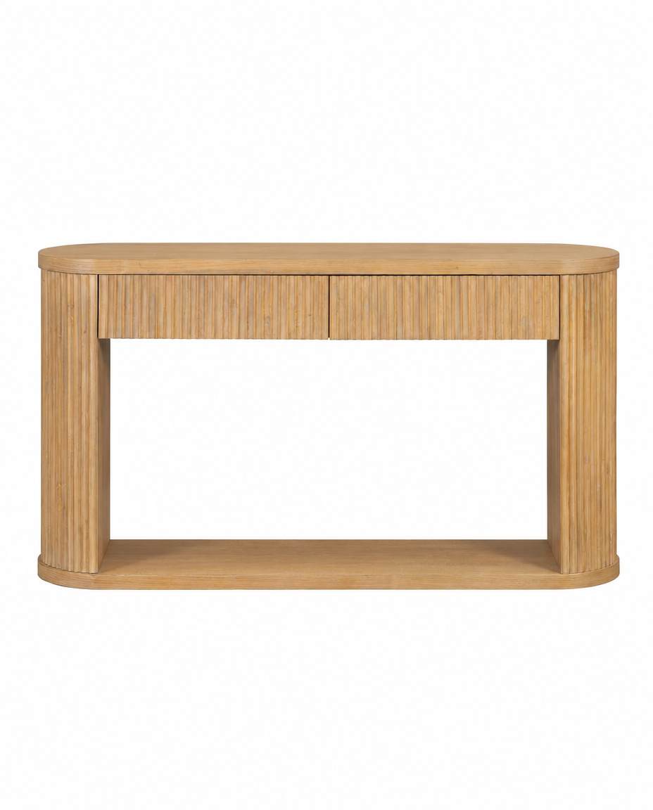 A light natural wood console table with two drawers featuring vertical fluted detailing, a rounded top and base, and a lower shelf, shown against a plain white background.