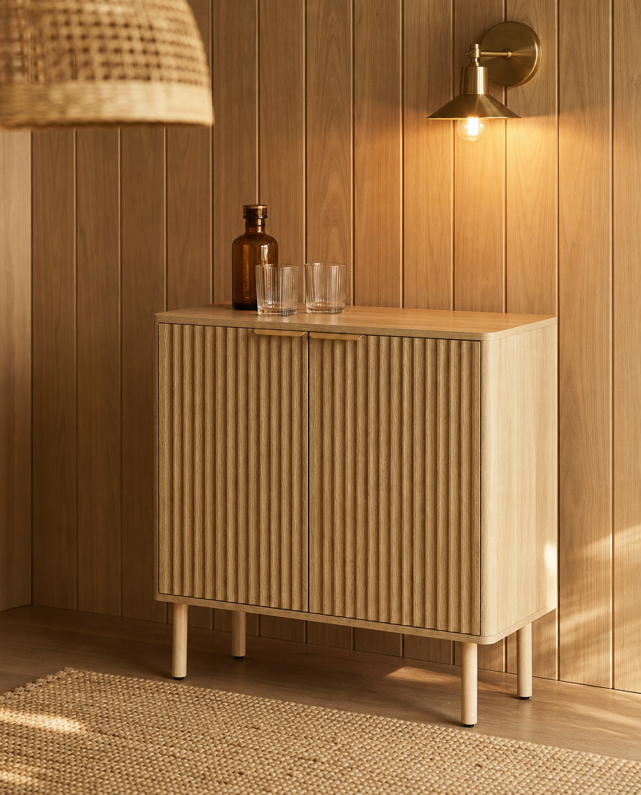 A light natural wood sideboard cabinet with vertical fluted doors and tapered legs, styled in a warm wood-paneled room with a lit wall sconce, a glass bottle, and two clear drinking glasses on top.