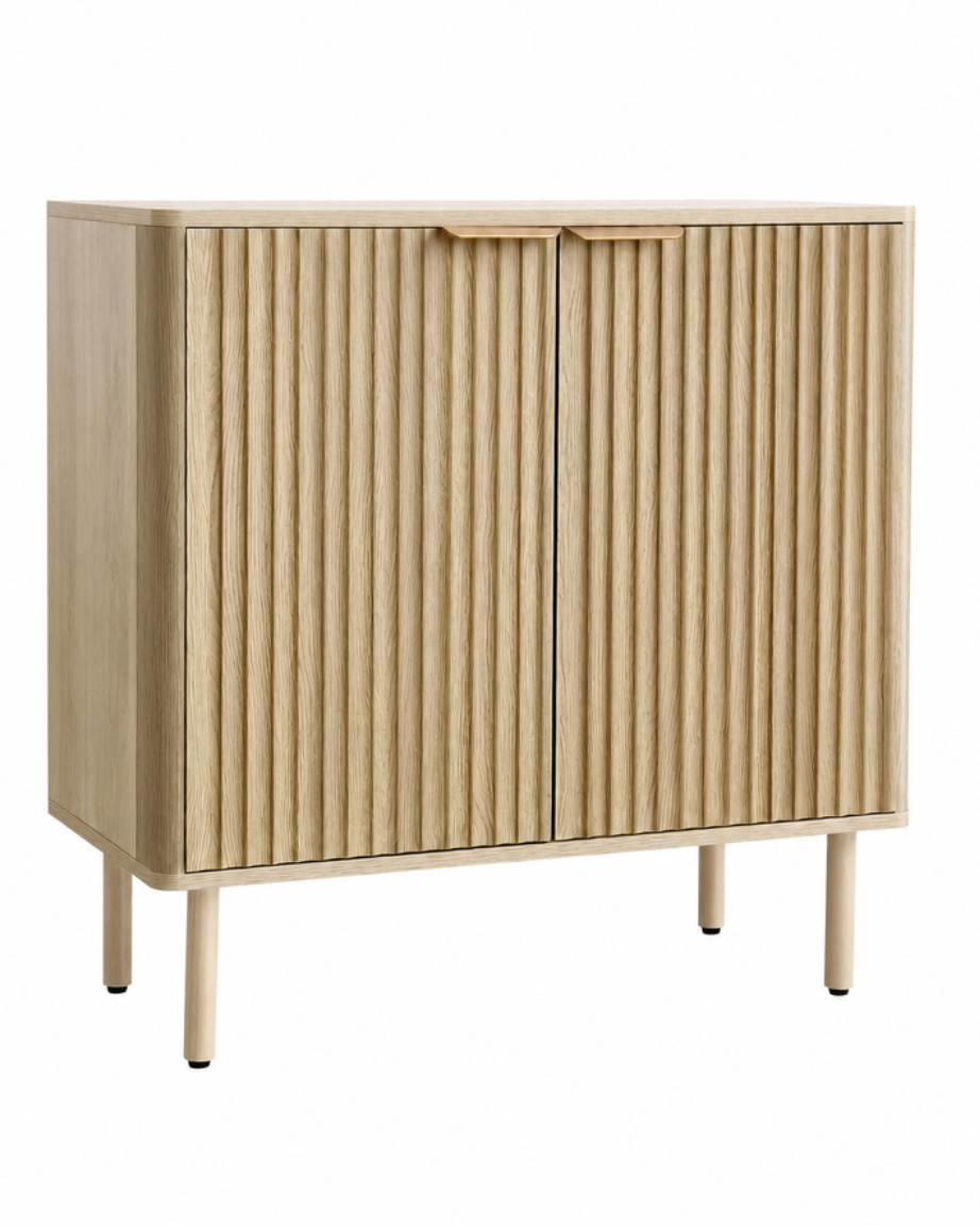 A mid-century modern wooden cabinet with fluted doors, tapered legs, and minimalist wooden handles, shown against a plain white background.