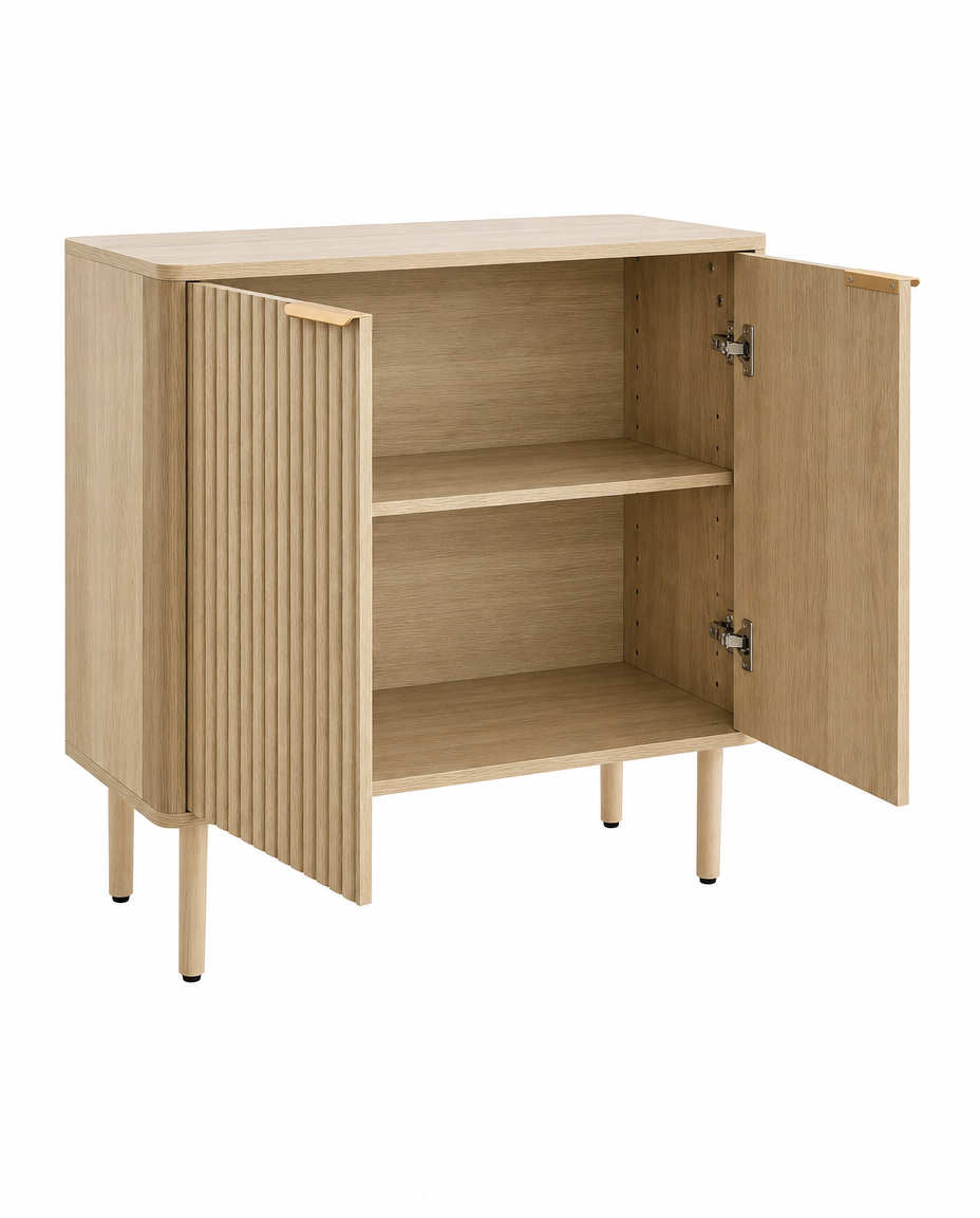 A light oak wood side cabinet with two doors, one of which is open to show the interior shelves, set against a plain white background.