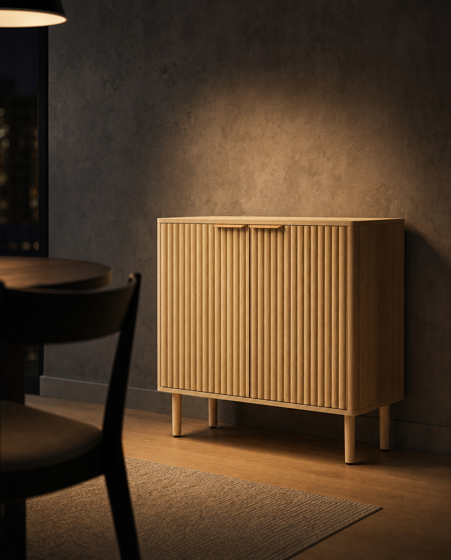A light natural wood cabinet with vertically fluted doors and tapered legs, styled in a warm, dimly lit modern room next to a dark wooden chair.