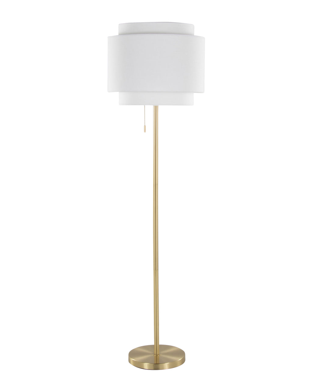 A modern floor lamp with a white cylindrical drum shade, a slim gold metal stem, and a round gold base, shown against a plain white background.