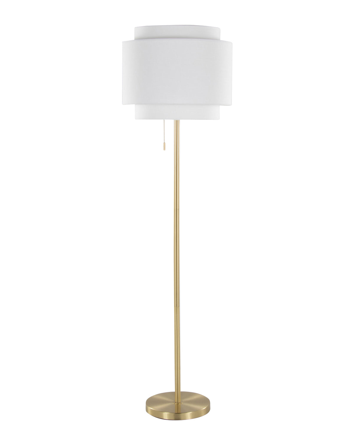 A modern floor lamp with a white cylindrical drum shade, a slim gold metal stem, and a round gold base, shown against a plain white background.